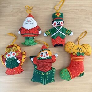 VTG Handmade Fabric Pattern Panel Christmas Quilt Ornaments Lot 5 Retro Kitsch